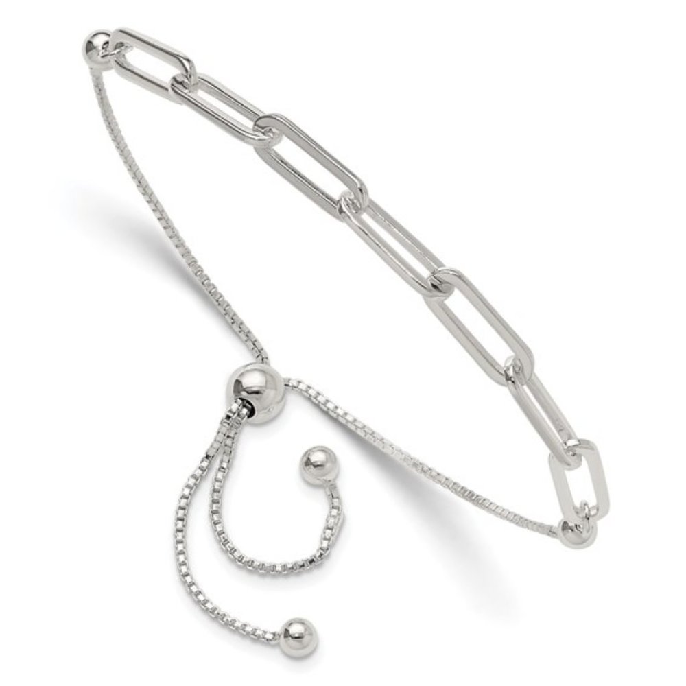 925 Sterling Silver Polished Paperclip Link Adjustable Bracelet